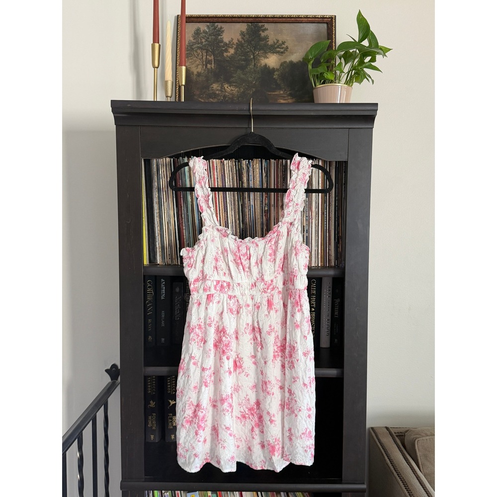 Altar'd State Mini Dress Womens Pink Floral Eyelet Smocked Ruffle